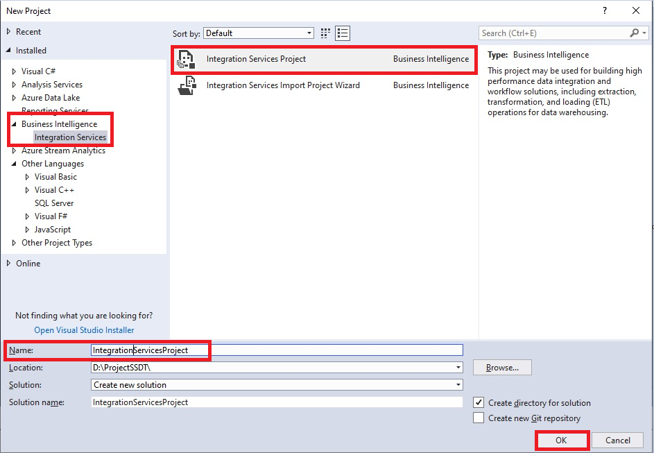 Creating a project called Integration Services Project